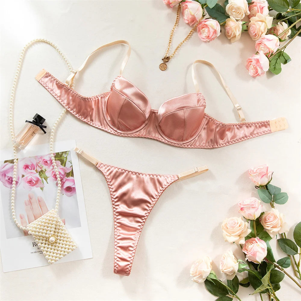 Krasapt Romantic Satin Lingerie 2 Pcs Sets Sexy Patchwork Bras And Thongs Underwear Suits Wedding Night Erotic Intimate Outfits