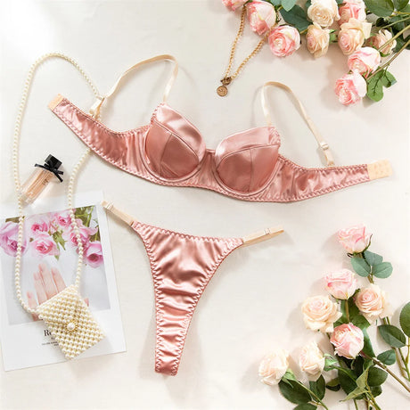 Krasapt Romantic Satin Lingerie 2 Pcs Sets Sexy Patchwork Bras And Thongs Underwear Suits Wedding Night Erotic Intimate Outfits