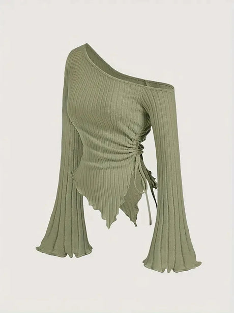 New Women'S Sexy Off Shoulder Cross Long Sleeved Slim T-Shirt Casual Street Style Asymmetrical Elegant T-Shirt Flare Sleeve Top