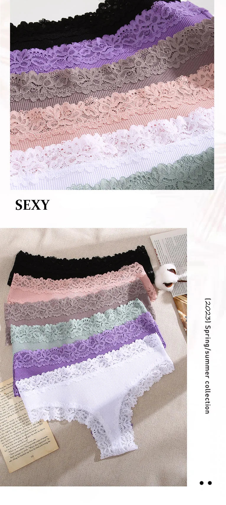 3PCS/Set Sexy Lace Seamless Cotton Brazilian Panties Women Ribbed Intimates Breathable Panties Low Waist Female Cotton Underwear