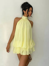 Women Halter Neck Backless Tie Mini Dress Summer Sleeveless Chiffon Ruffle Short Dresses Sexy Club Party Beach Vacation Outfit