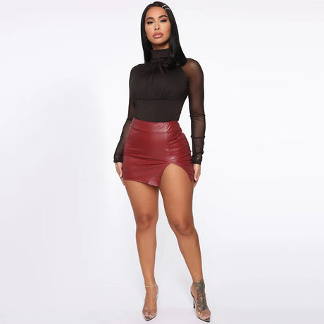 Women's Mini Skirt High Waist PU Leather Slim Slit Short Skirt Vintage Zipper Skinny Sexy Solid Black Leather Skirts for Women