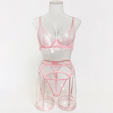 Women's Pink Floral Lace Sheer Lingerie Set See-Through Push-Up Bra Waist Cincher with Garter Belt Thong Intimate Erotic Outfits