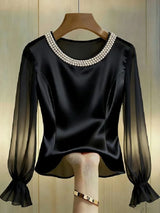 Pearl Beaded Round Neck Long Sleeve Blouse Satin Sheer Top For Women Elegant
