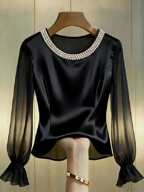 Pearl Beaded Round Neck Long Sleeve Blouse Satin Sheer Top For Women Elegant