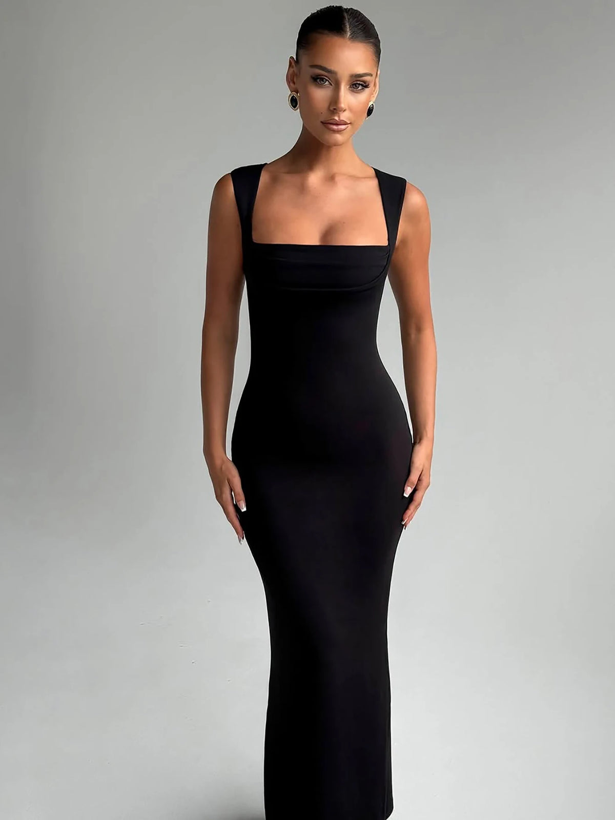 Hugcitar Women Elegant Solid Square Collar Straps Sexy Bodycon Maxi Prom Dress Summer Women Y2K Clothes Evening Party Birthday