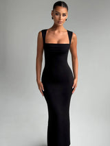 Hugcitar Women Elegant Solid Square Collar Straps Sexy Bodycon Maxi Prom Dress Summer Women Y2K Clothes Evening Party Birthday