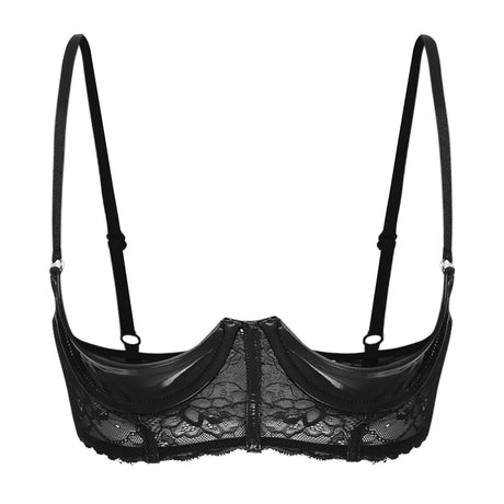 Womens Sexy Open Cup Underwired Bra Patent Leather See-through Floral Lace Brassiere Exposed Nipple Lingerie Underwear Nightwear