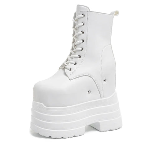 Height Increasing Women's High Boots Black Leather Thick Bottom Platform Shoes Side Zip Gothic Punk Short Boots Street Style