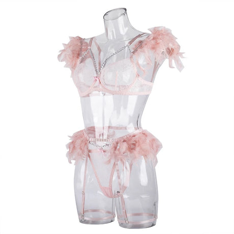 3-Piece Feather Decorated Lace Exotic Sets Women Sexy Patchwork Lingerie Set Chain Bra Panty Garter Underwear Kit For Female