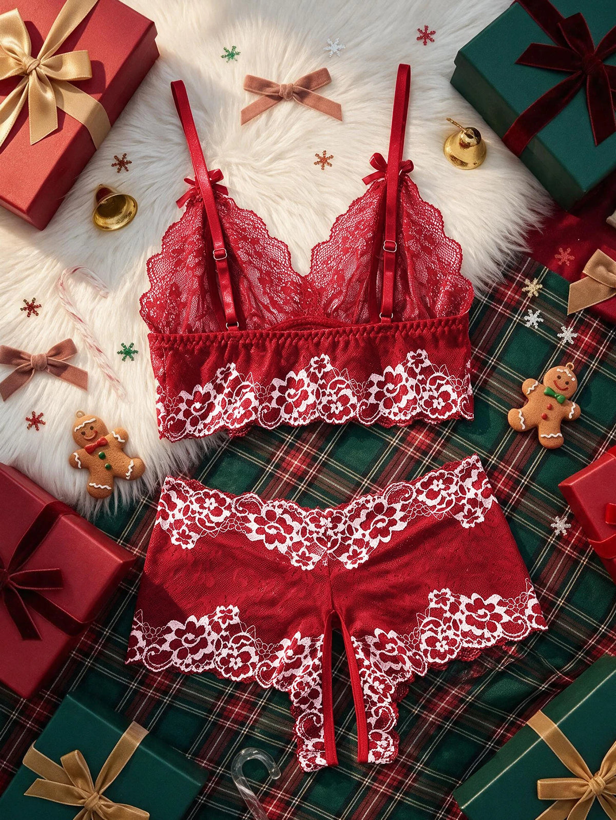 Women Sexy Christmas Lace Lingerie Set Contrast Color Hollow Deep V Bra Bowknot Easy Access Sheer Mesh Two Piece Night Outfit