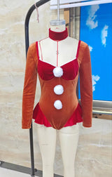 Women Christmas Velvet Bodysuit Long Sleeve Backless Ruffle Hem Jumpsuit With White Pom Poms Xmas Holiday Party Cosplay Costume