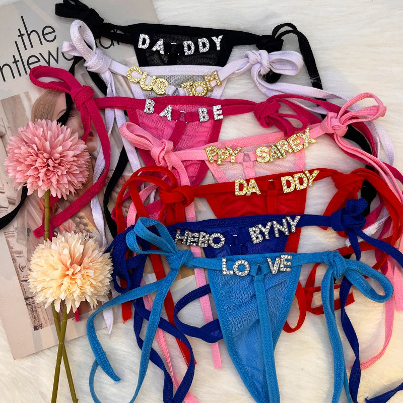 Custom Name Thongs String Panties Women Personality Underwear Bikini Lace Tanga Thong Low Waist Girl Body Jewelry Birthday Gift