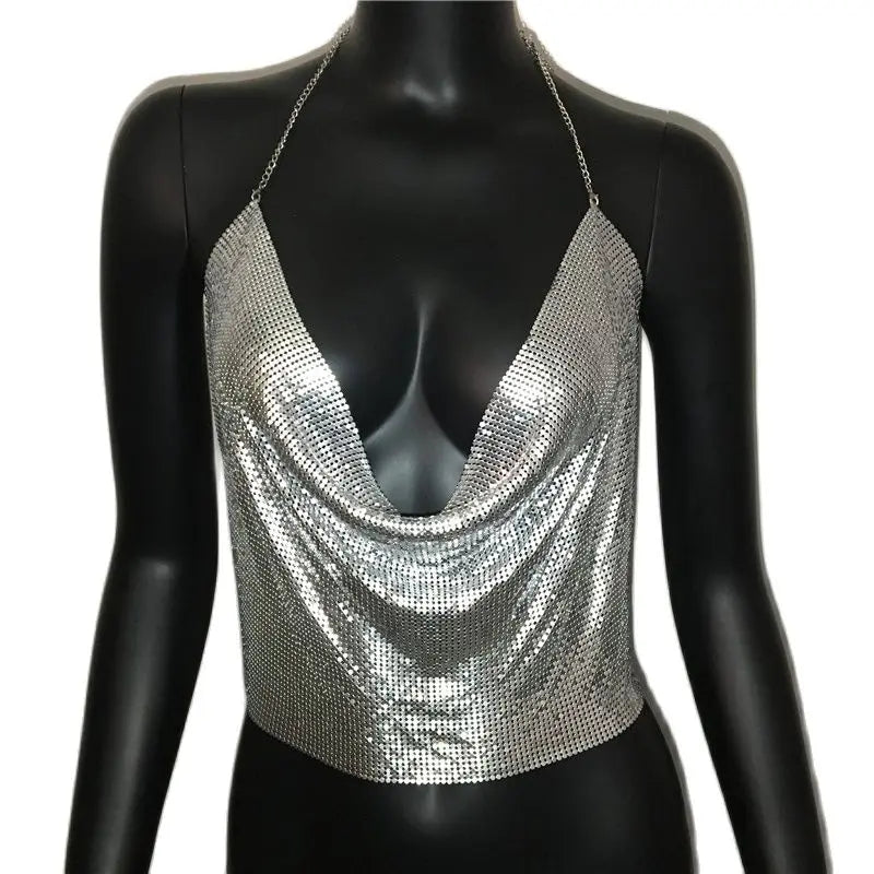 Sexy Metal Sequins Tank Top For Women 2025 Summer V Neck Backless Crop Tops Luxury Solid Short Party Nightclub Tank Tops