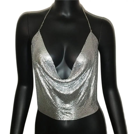 Sexy Metal Sequins Tank Top For Women 2025 Summer V Neck Backless Crop Tops Luxury Solid Short Party Nightclub Tank Tops