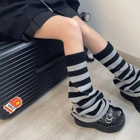 Woman Leg Warmer Autumn and Winter Wide Legs Black White Lolita Socks for Women Stripe Socks