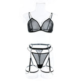 New Sexy Ultra-thin Mesh Bralette And Thongs See-through Metal Chain Decoration 4 Pcs Sexy Lingerie Set Female Underwear