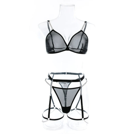 New Sexy Ultra-thin Mesh Bralette And Thongs See-through Metal Chain Decoration 4 Pcs Sexy Lingerie Set Female Underwear
