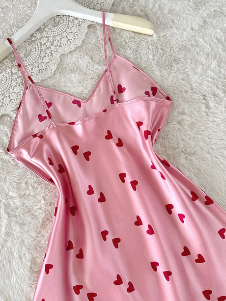New Women's Pink Slip Nightdress Heart Print V Neck Spaghetti Strap Chemise Cute and Sweet Sleepwear for Party or Daily Life