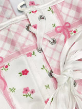 Women's Pink Corset Ditsy Floral Plaid Bow Print Adjustable Straps Front Hook Back Lace Up Coquette Bustier Top