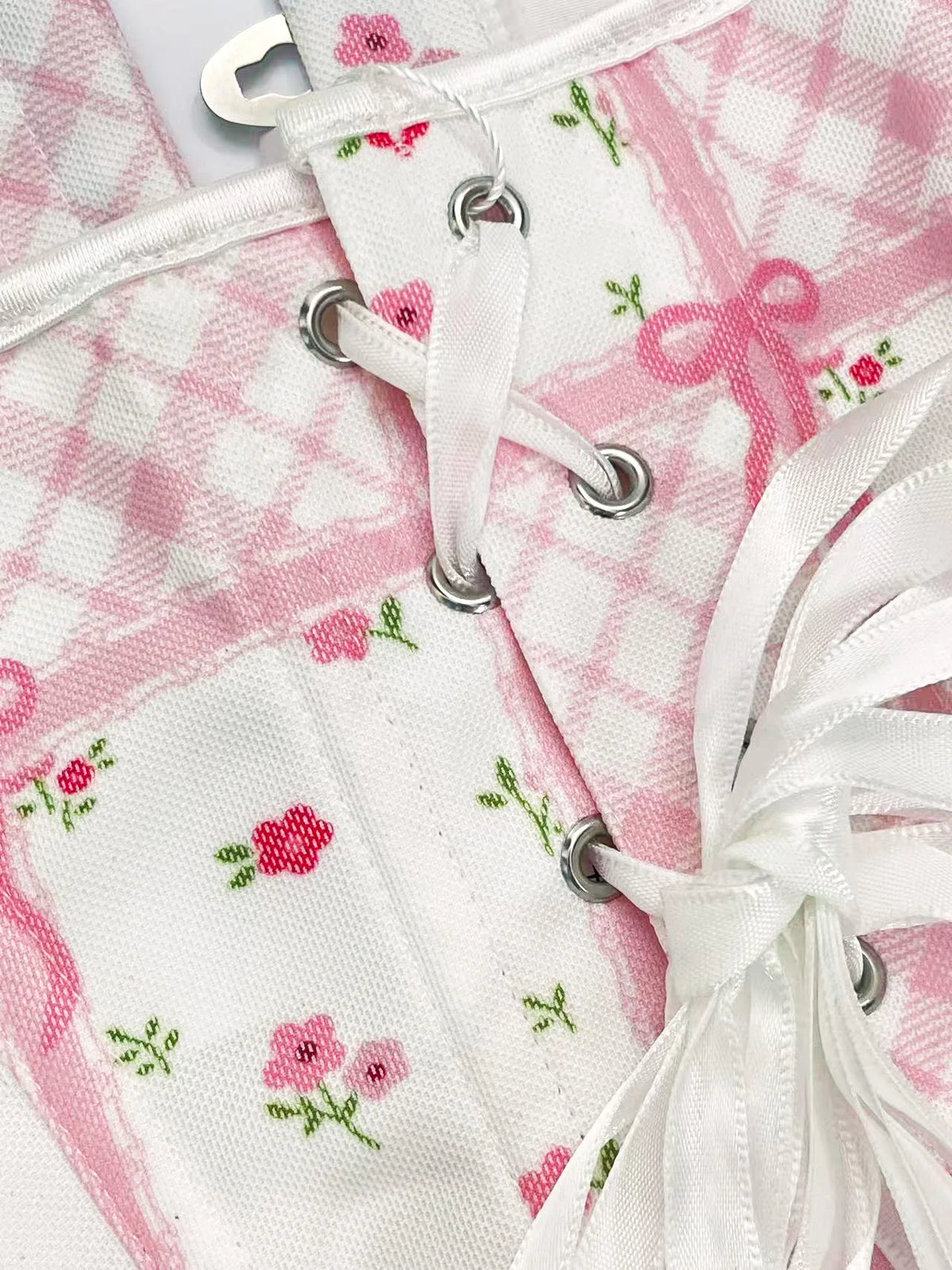Women's Pink Corset Ditsy Floral Plaid Bow Print Adjustable Straps Front Hook Back Lace Up Coquette Bustier Top