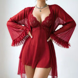 Women White Floral Sheer Mesh 3 Piece Lingerie Robe Set Ruffle Sleeve Front Robe V Neck Nightgown Matching Thong Sleepwear MQ1I