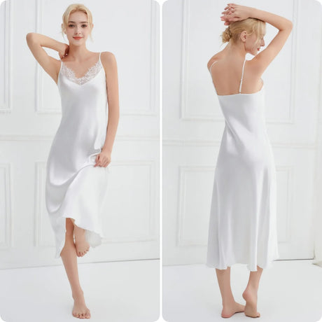 Sexy Women Long Nightgown Intimate Lingerie Patchwork Lace Suspender Nightdress Chemise Sleepwear Loungewear Silk Satin Homewear