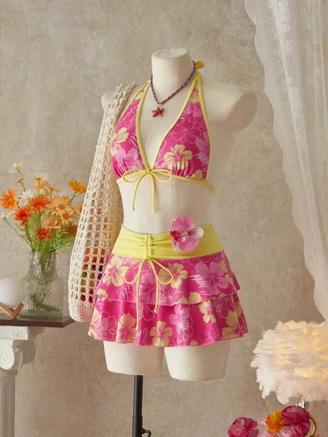 Women European American Sexy Three Piece Bikini Swimwear Set Floral Print Tie Up Swim Skirt Beach Bathing Suit