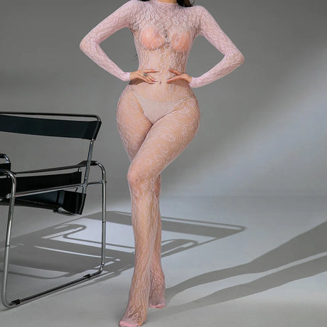 Sexy Lace See-Through Bodysuit Long Sleeve Fishnet Jumpsuits Elastic Night Club Jump Suits for Women Sexy Pole Dancing Overalls