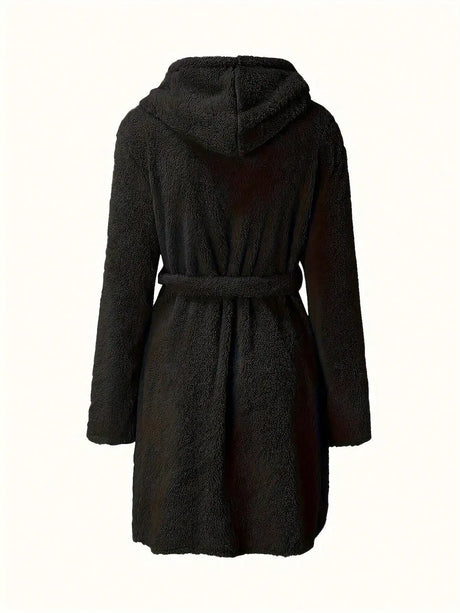 1 piece of women's solid color hooded robe with belt, cozy and warm fleece pajamas for home wear in autumn and winter.