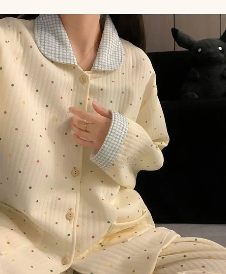 Thickened Air Cotton Sleepwear Set for Women Autumn Winter Polka Dot Home Clothes Korean Style Cute Girl Long Sleeve V-Neck