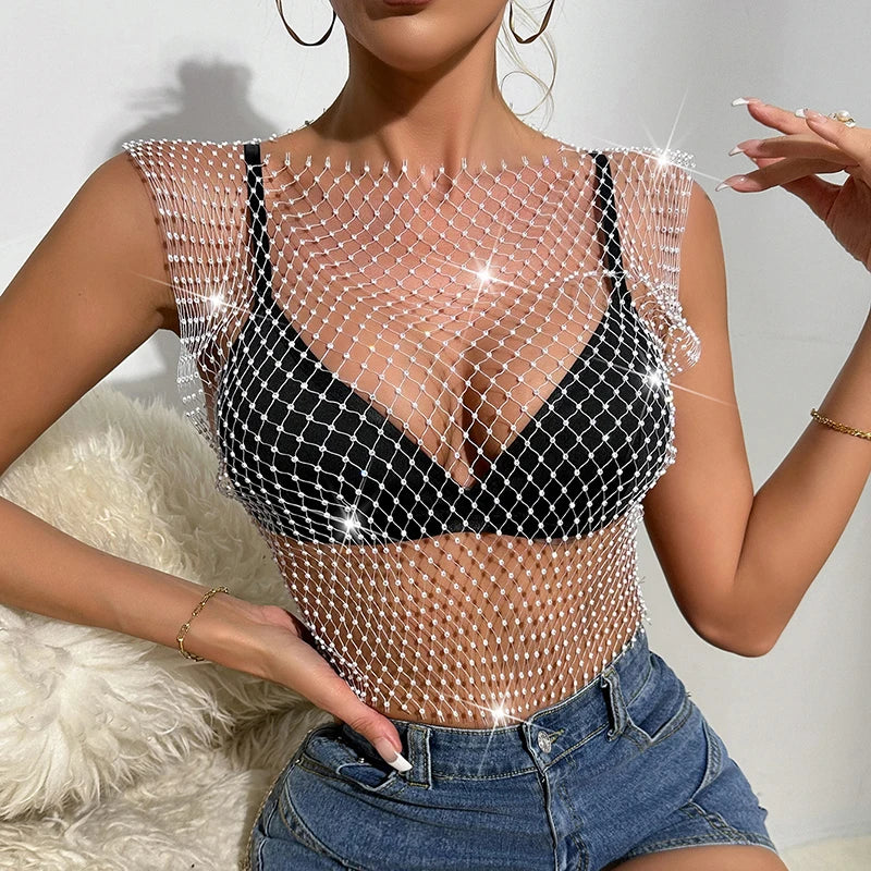 New Sexy Mesh Crop Tops for Women Summer Rhinestones Fashion Party Club See Through Fishnet Tank Hollow Out Backless Top