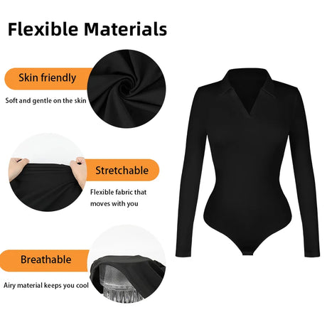 Women Sexy Long Sleeve Bodysuit Turn-down Collar V Neck Shapewear Tummy Control Butt Lift Shirt Seam-free Compression