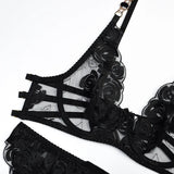 Luxury Floral Embroidery Lace Women's Lingerie Sets Seductive Jewel Strap Sheer Push Up Bra Panty Garter Belt 3PC Sexy Underwear