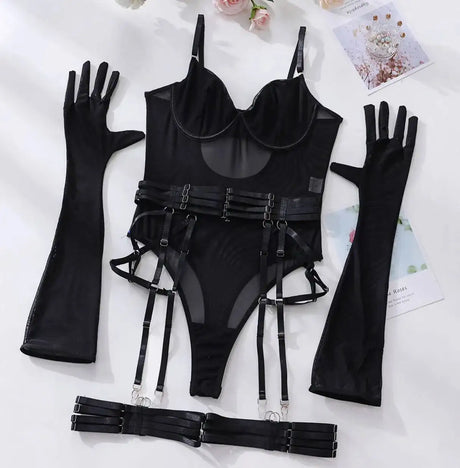 Sexy One Piece Bodysuit Glove Bandage Perspective Mesh Tight Fitting Slim Fit High Strecth Women Rompers Polychrome Fashion RAE3