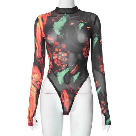 Fashion Tie Dye Printing One-Piece Romper Sexy Women Long Sleeve Bodysuits Streetwear Y2k Bottoming Tops Clubwear O-Neck T-Shirt