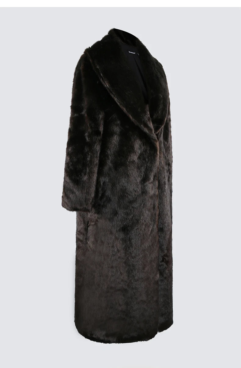 Nerazzurri Autumn Winter Extra Long Thick Warm Brown Fluffy Faux Mink Fur Coat Women Luxury Elegant Chic Furry Overcoat 2024