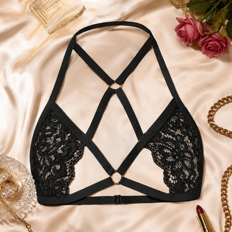 Hollow Out Push Up Female Bralette Top Sheer Backless Sexy Lace Harness Bra Lingerie Deep V Wireless Halter Lace Strappy Bra