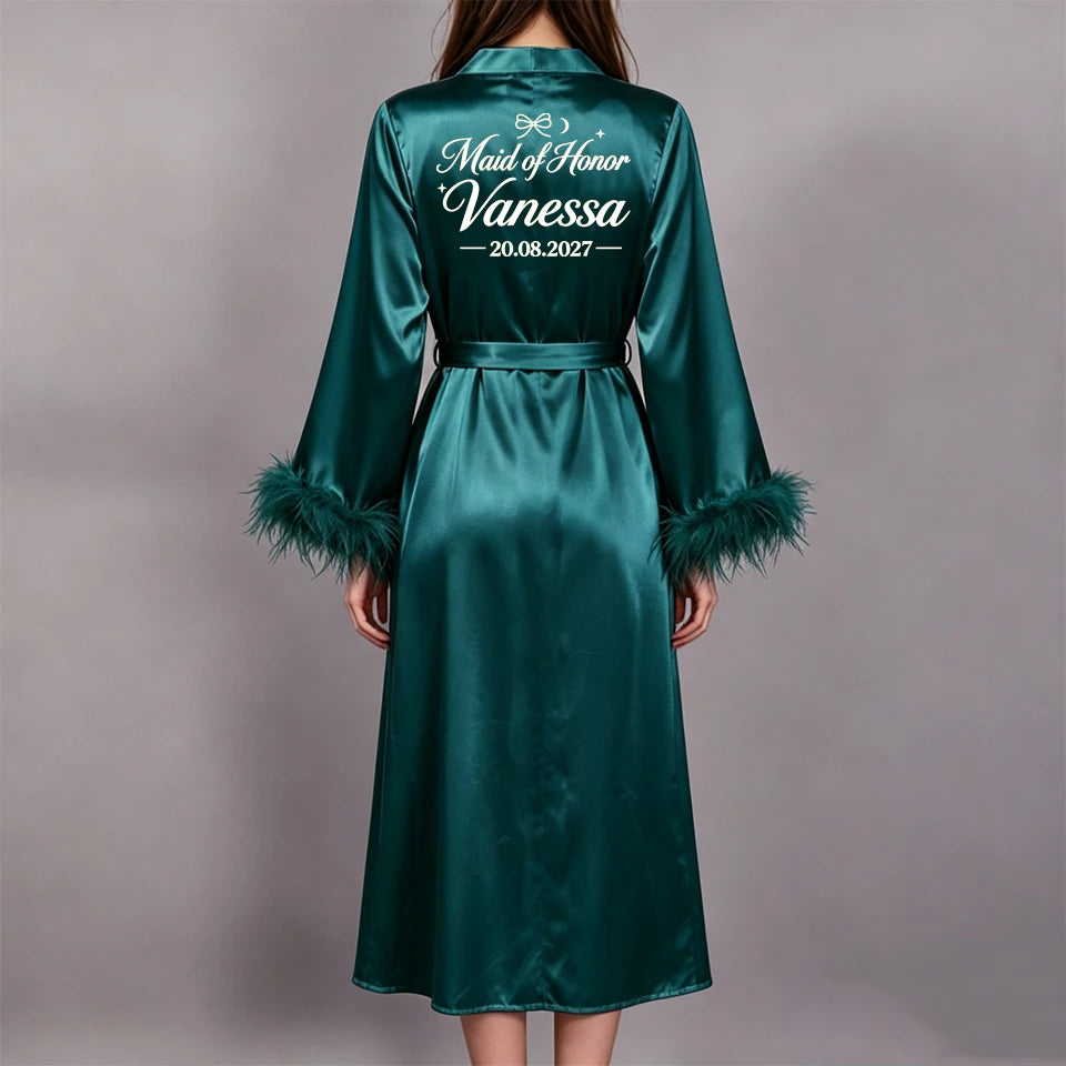 Custom Name Bride Robe Satin Feather Bridesmaid Robes Personalized Wedding Morning Gown Bachelorette Party Bathrobe