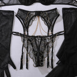 Fashionable spicy girl hanging neck metal chain heavy embroidery shaping sexy underwear five piece set