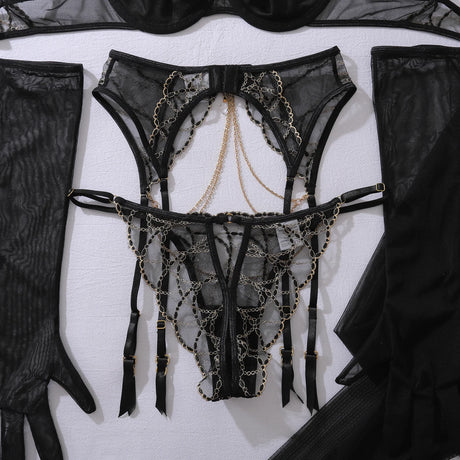 Fashionable spicy girl hanging neck metal chain heavy embroidery shaping sexy underwear five piece set