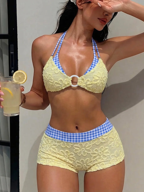 Women Floral Textured Bikini Set Gingham Contrast O-Ring Triangle Top High Waist Boy Short 2 Piece Swimsuit Bathing Suits