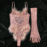 Women's Lingerie Bodysuit Rhinestone Mesh Feather Trim Sheer Teddy With Gloves Set  Sleepwear Nightwear Party Clubwear Outfit