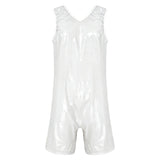 Women One Piece Adaptive Pajama Nightwear Shiny Metallic Sleeveless Buttoned Sleeveless Jumpsuit Waterproof Rompers Bodysuit