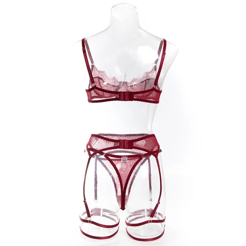 Women's Red Lace Lingerie Set with Underwire Bra High Waist Garter Belt Thong and Thigh Straps Romantic Bedroom Outfit Set 2026