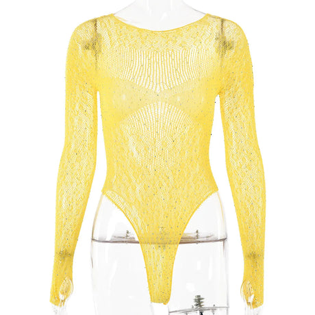 Women Slim See Through Long Sleeve Romper Tops Shiny Rhinestone Tshirt Bodysuit Party Club Hollow Out Wrap Overalls Tops