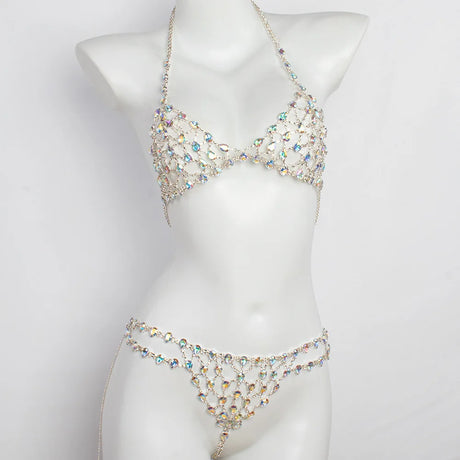 Sexy Mesh Crystal Jewelry Women Lingerie Set Bra Panties Bling Rhinestone Harness Multicolored Beach Body Chain