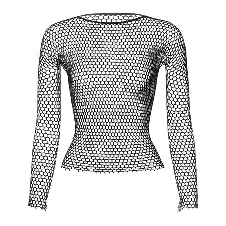 Womens Sexy Mesh Long Sleeve Fishnets Top Sexy Long Sleeved Fishing Net Top Female T-shirts Crop Soft Top