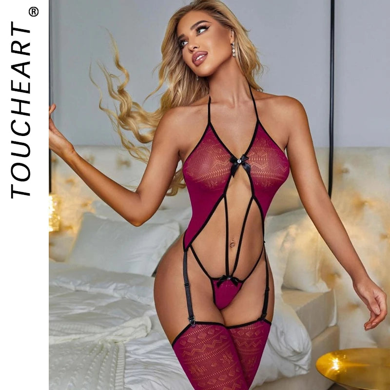 Toucheart Sexy Bodysuit Erotic Underwear See-through Hollow Out Slim Gather Together Seductive Intimate Charming Bodysuit Set