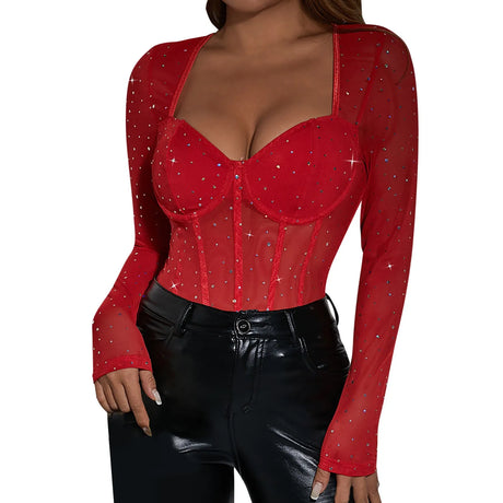 Women Long Sleeve Tops Sexy Bodysuit Y2k Shiny Rhinestone Mesh Corset Overbust Vintage Streetwear Black Red Jumpsuits Romper